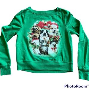 Green Christmas themed crew neck. Dogs, cats, and sloth.
